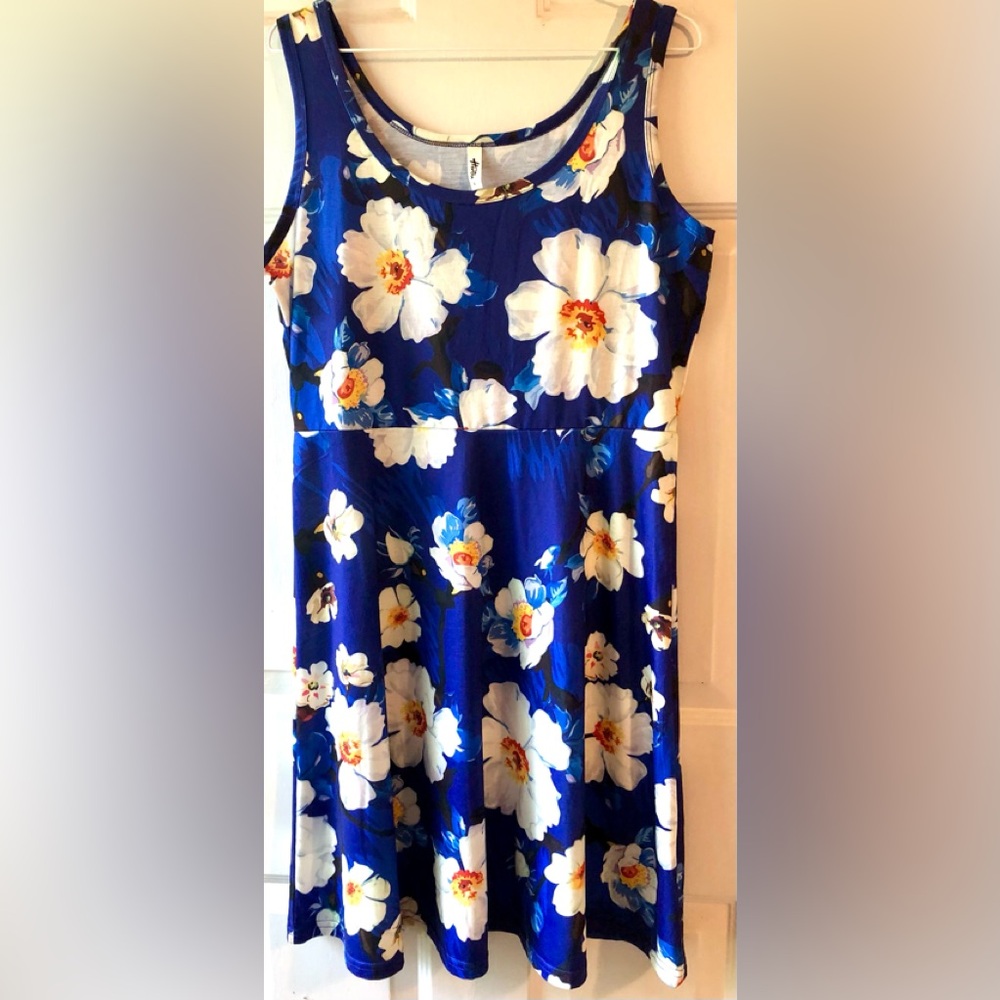 Herou Royal Blue White Orange Tropical Floral Sleeveless Knit Tank Dress Large